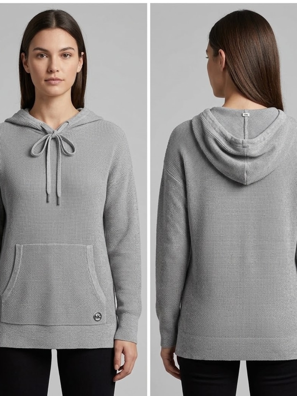 Michael Kors Women's Pullover Hoodie S Gray Knit Logo Drawstring Pockets LS